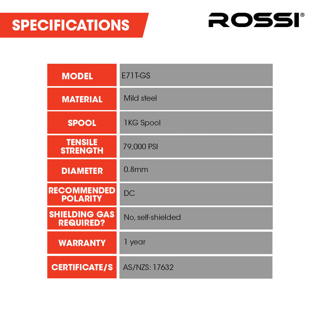 ROSSI 0.8mm 1kg Flux Core Gasless MIG Welding Wire, Self-Shielded, Excellent for Outdoor Use