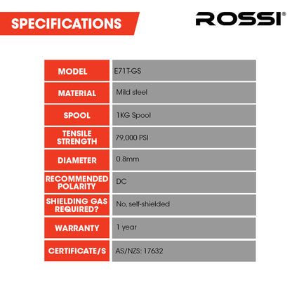 ROSSI 0.8mm 1kg Flux Core Gasless MIG Welding Wire, Self-Shielded, Excellent for Outdoor Use